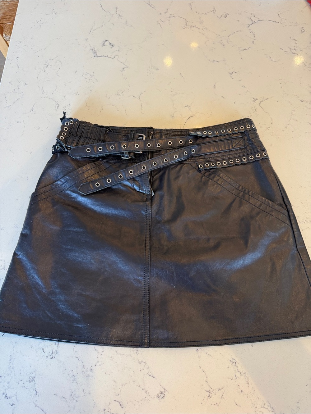 Alberta Ferretti black leather grommet skirt